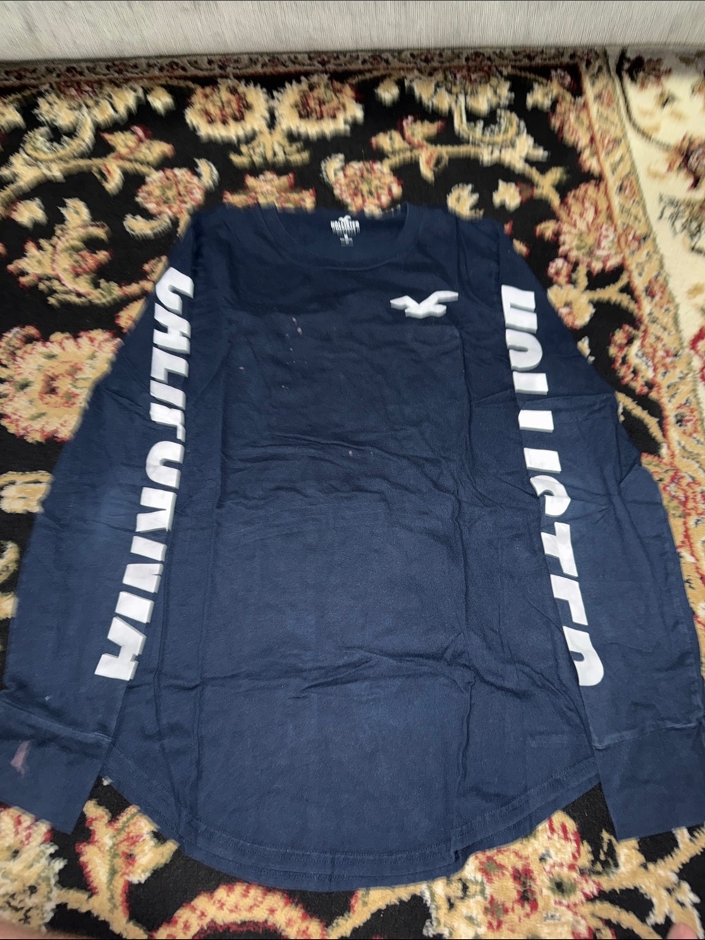 Hollister Navy Long-Sleeve Logo Tee with White Sleeve Branding